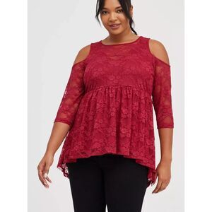 Torrid Women's Babydoll Stretch Lace Cold Shoulder Top Solid Red Size 00/Medium